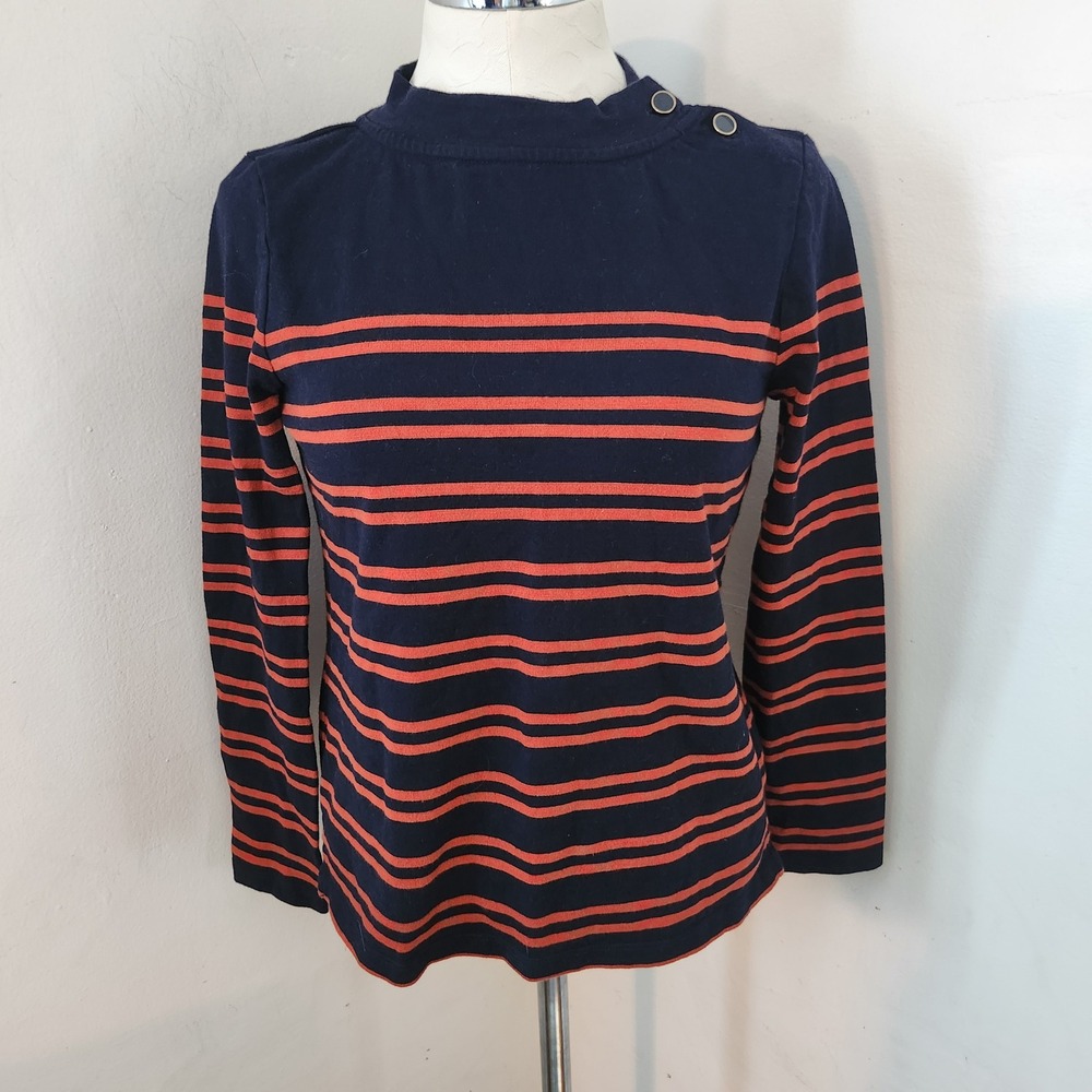 Talbots Petite Navy Blue Orange Striped Mock Neck Button Shoulder Top SP